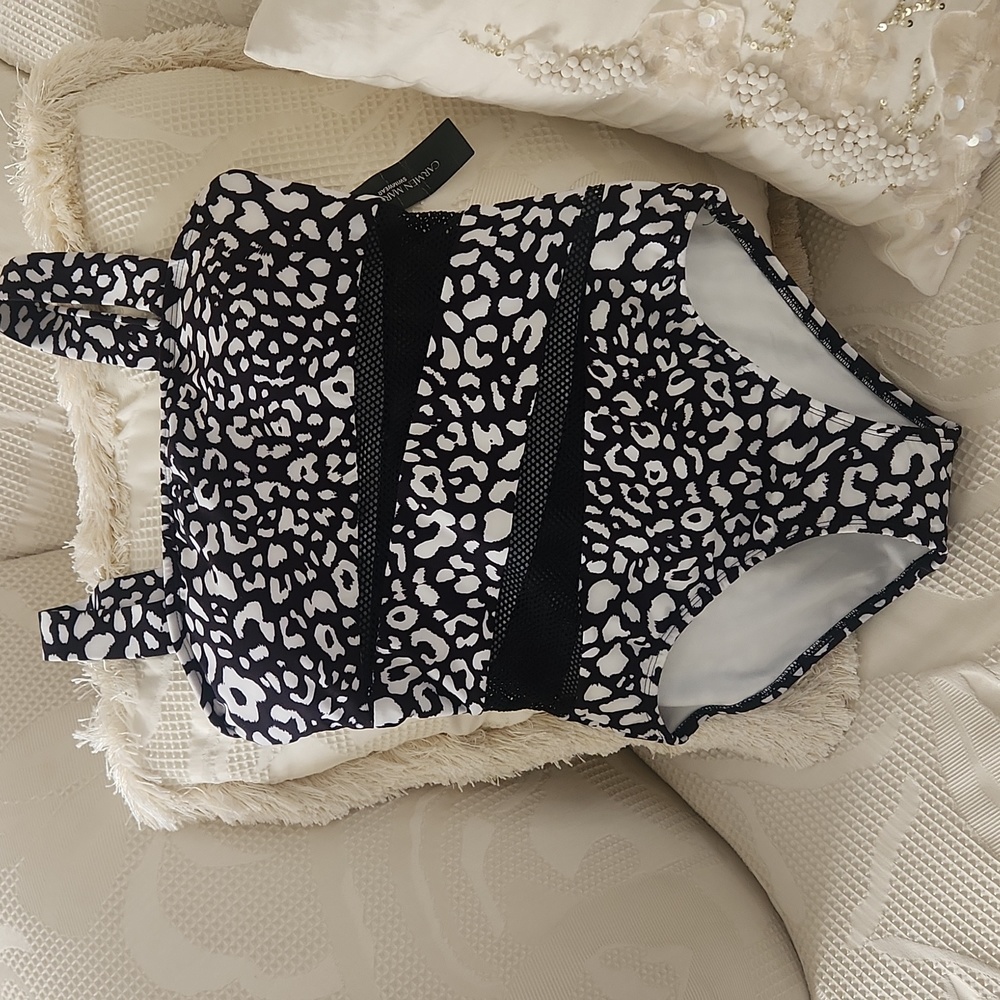 Black & White Sheer Fishnet Mesh Cutout Animal Print One Piece Swimsuit $109 NEW